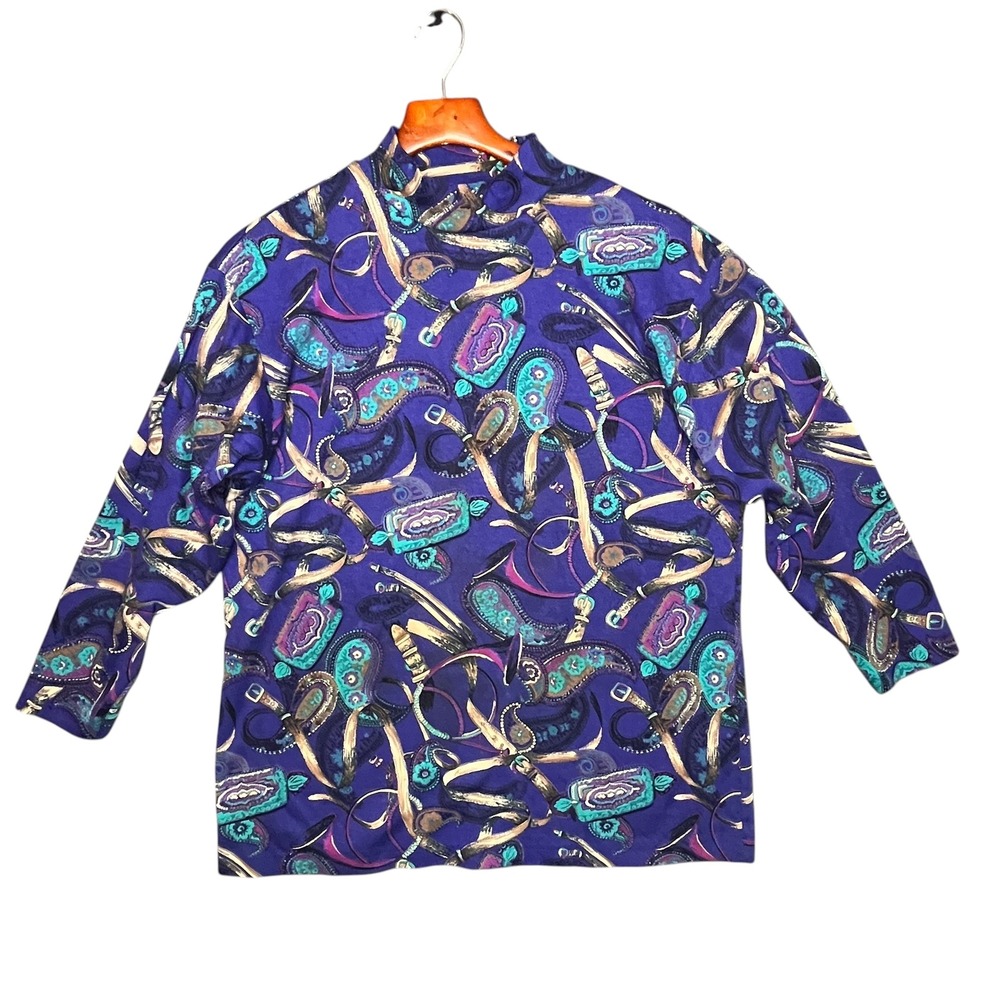 Vintage Links Women Large Purple Paisley Belt Print Mock Turtleneck Eclectic 80s